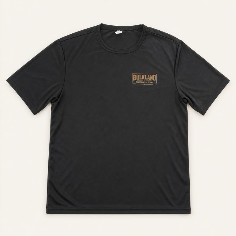 Front of the black Bulkland AO Performance Tee on a Bone background