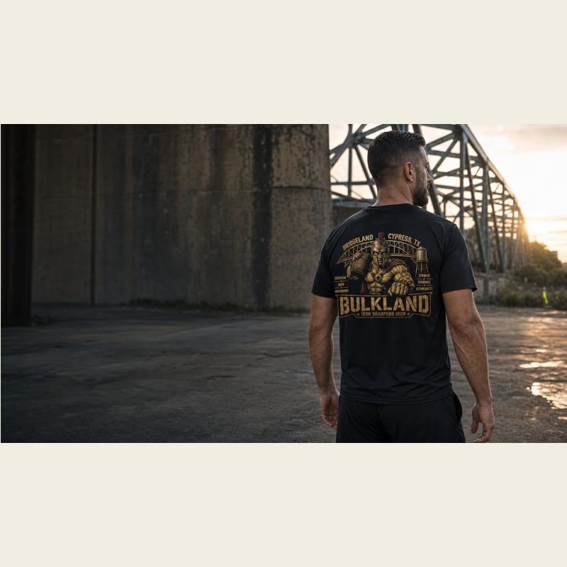Athlete wearing the back of the black Bulkland AO Performance Tee near a bridge at sunrise