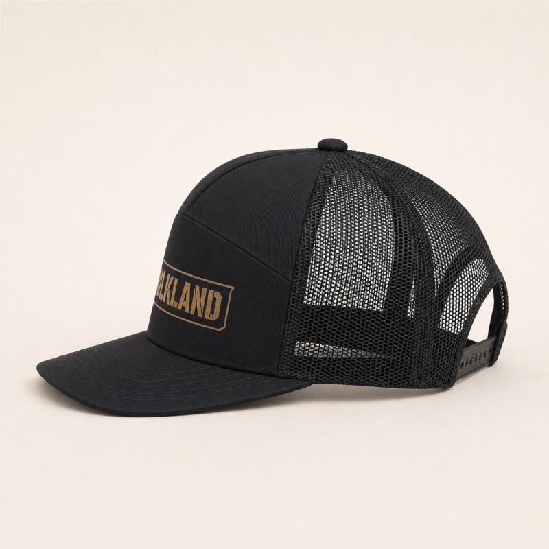 Side view of the Bulkland AO trucker hat showing its structured crown, curved brim, and mesh back