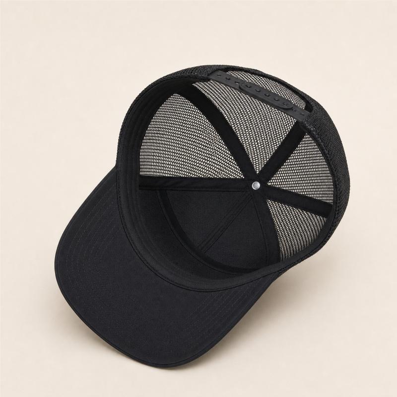 Interior view of the Bulkland AO trucker hat showing the sweatband, mesh construction, and snap closure