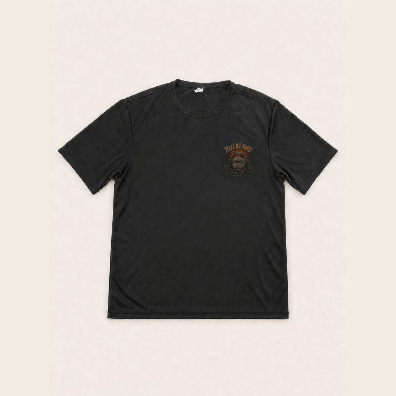 Front of the black Brute Attacks Bulkland Performance Tee with a small left-chest graphic