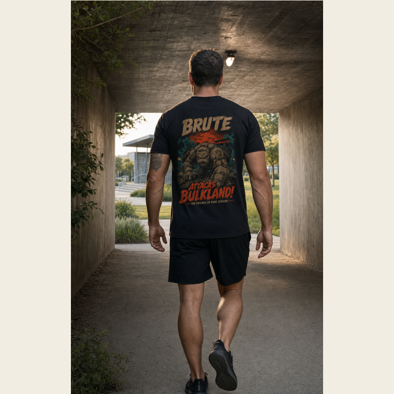 Athlete wearing the back of the Brute Attacks Bulkland Performance Tee in a concrete tunnel