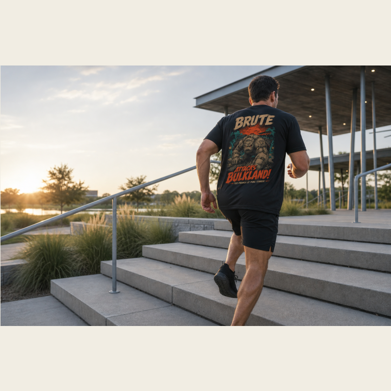 Athlete wearing the back of the Brute Attacks Bulkland Performance Tee while running outdoor stairs