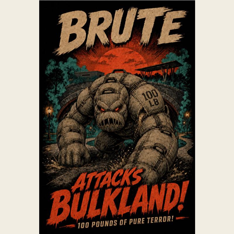 Flat view of the full Brute Attacks Bulkland back artwork on a black background