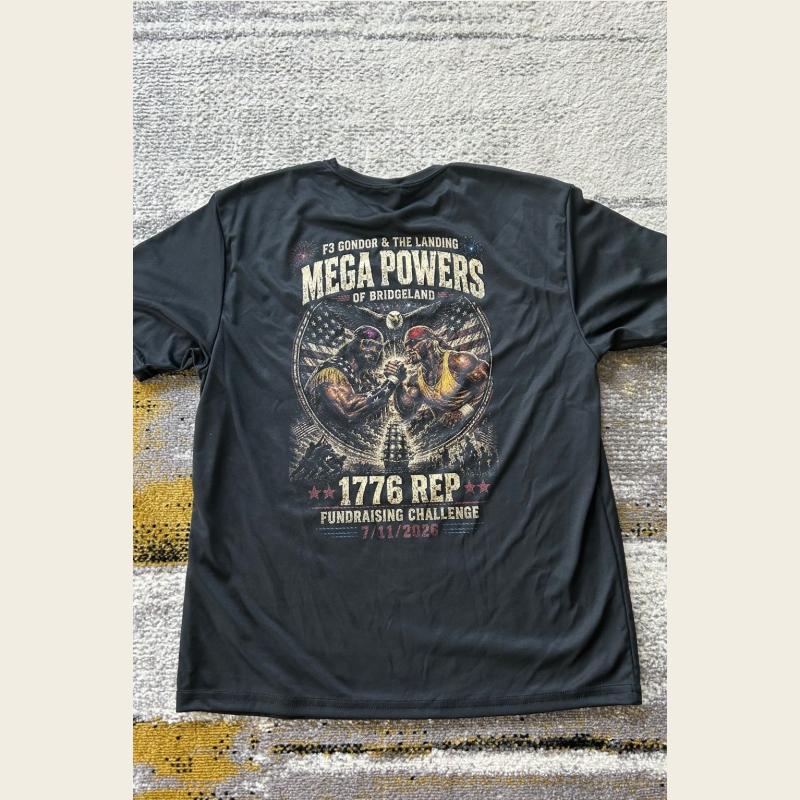 Back of the black Mega Powers 1776 Challenge Performance Tee laid flat