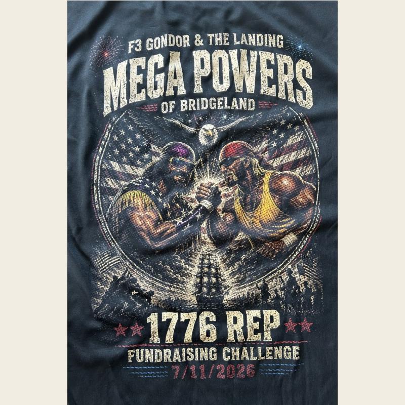 Close-up of the Mega Powers 1776 Challenge artwork printed on black performance fabric